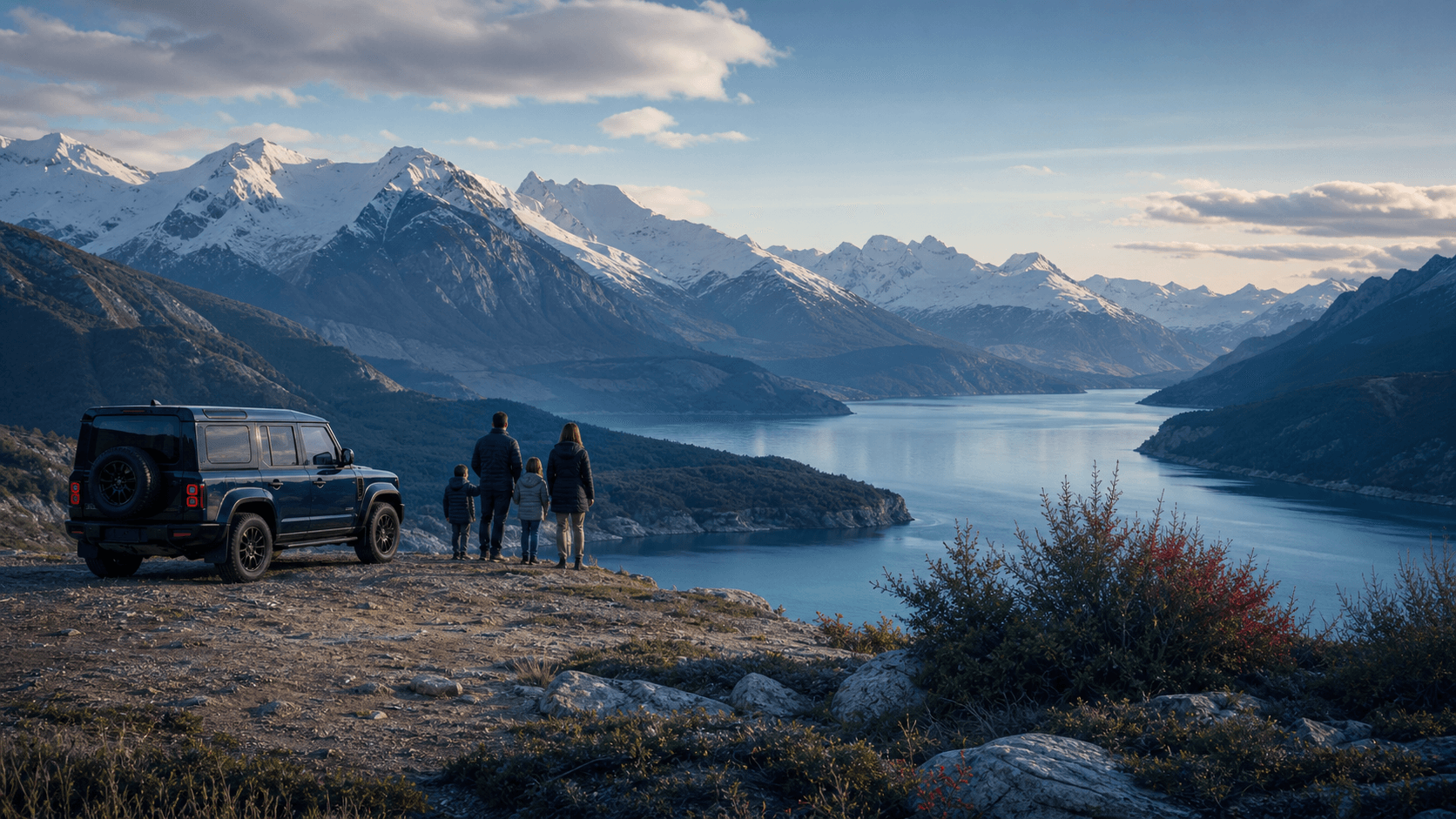Illustratives Reisegefühl einer Familie mit Offroader an einem alpinen Aussichtspunkt